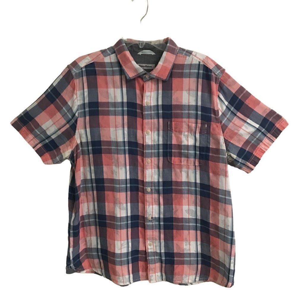 Tommy Bahama 100% cotton‎ plaid duo print button up shirt XL